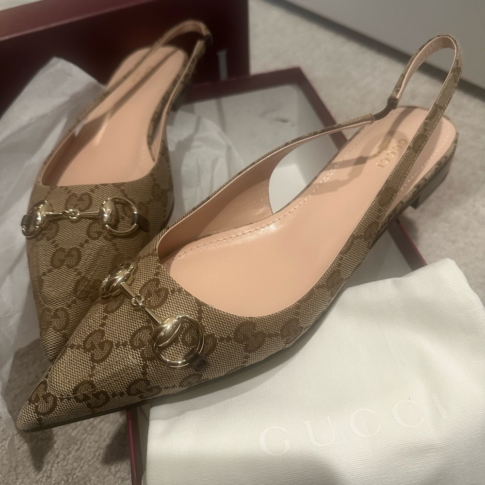Gucci Brown Monogram Slingback Flats BRAND NEW